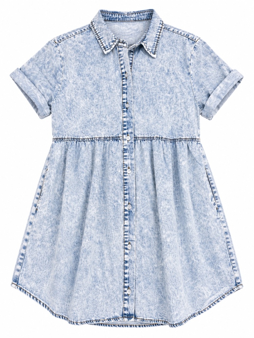 NWOT - Acid Wash Denim Button Up Babydoll Shirt Dress | Size Large